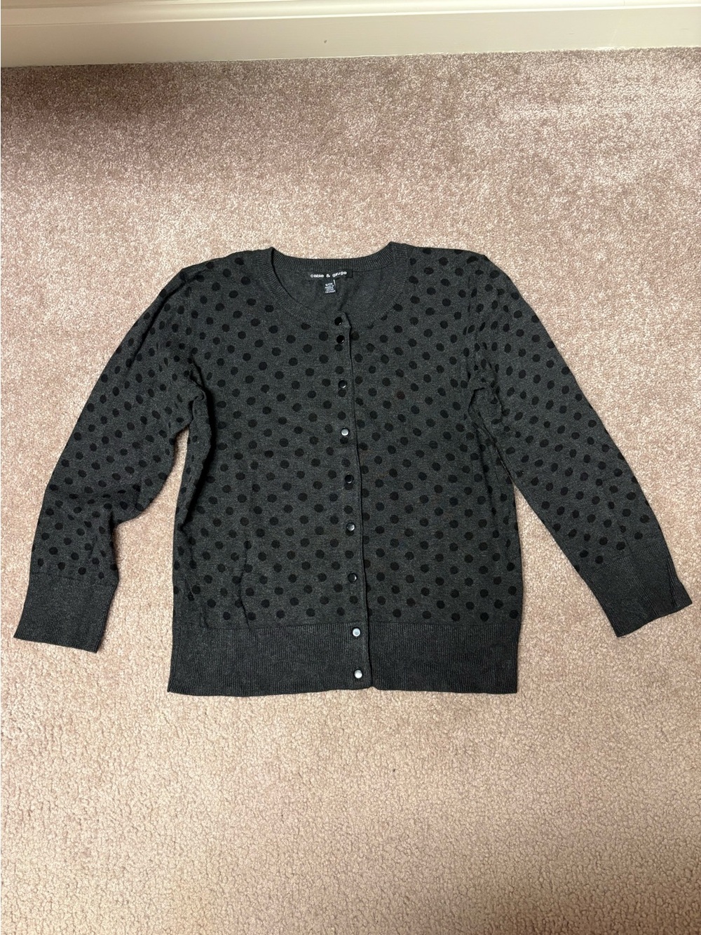 Cable & Gauge Women’s Gray & Black Polka Dot Button Cardigan Sweater, small, EUC